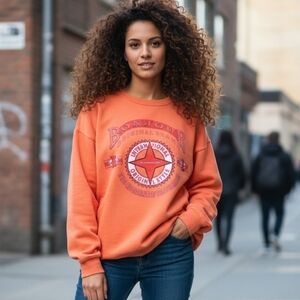 Vtg 90s Bonjour peach salmon oversized cropped denim graphic sweatshirt XL NWOT